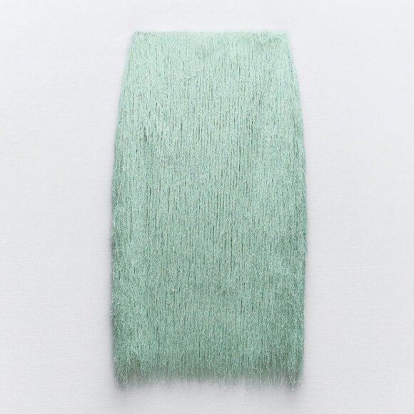 Zara Fringed Midi Skirt pencil straight Sea Green M NWT - Picture 4 of 9